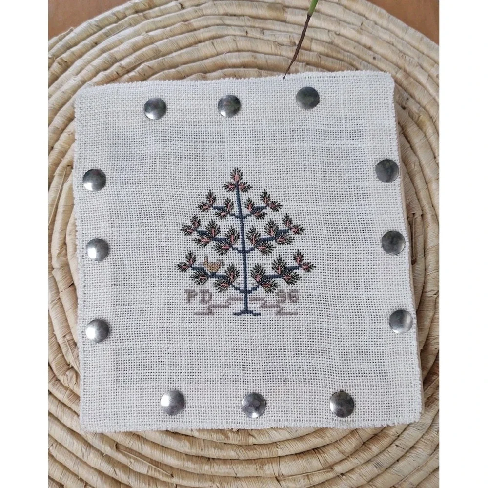 Vintage Completed Cross Stitch Tree Wood Frame Secured Brass Thumb Nails 7